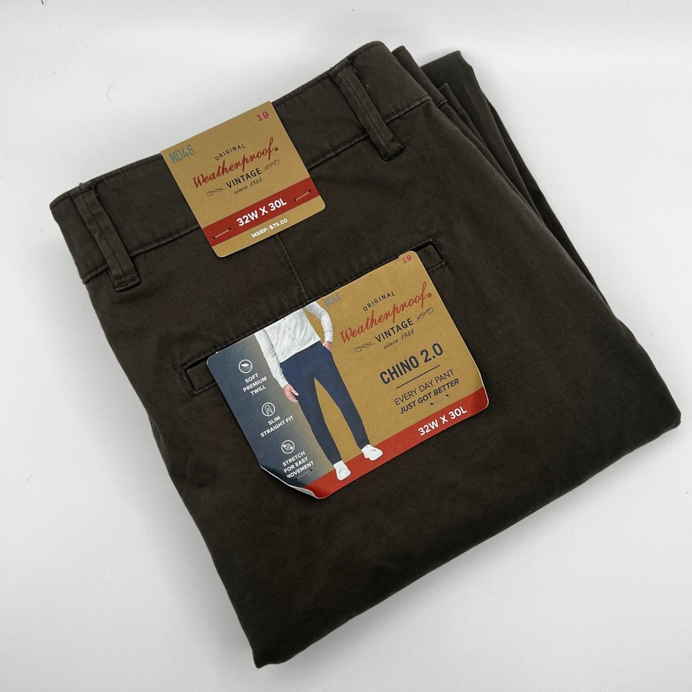 Weatherproof Vintage Chino Pants Mens 32x30 Brown Slim Straight‎ Stretch NEW